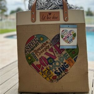 Brighton let Love Shine burlap canvas top handle tote